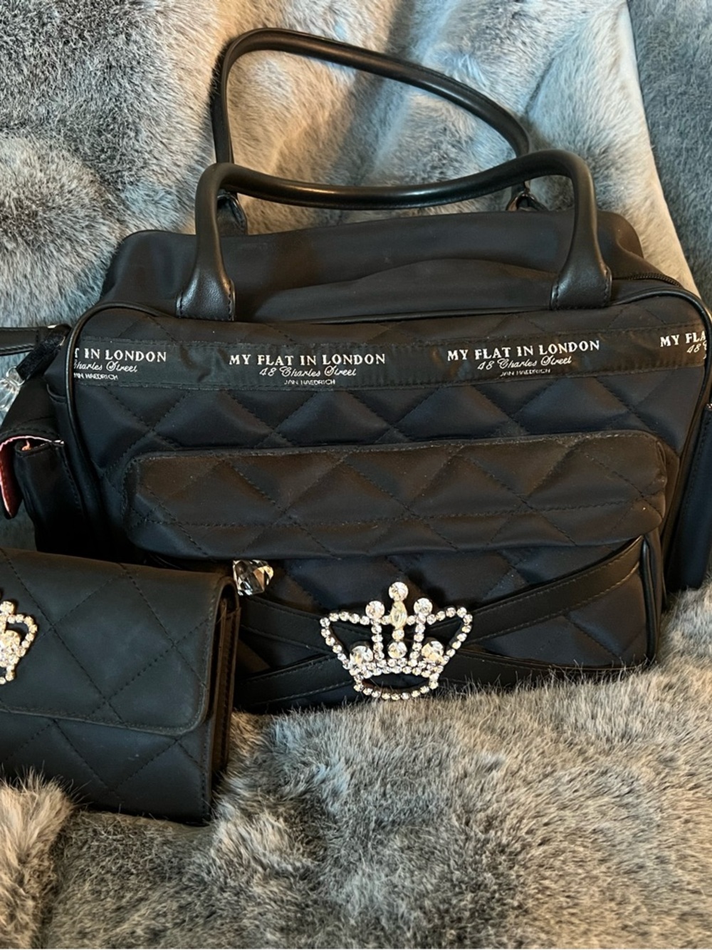 My Flat in London Black Quilted Tote with Crystal Crown Accent and Wallet